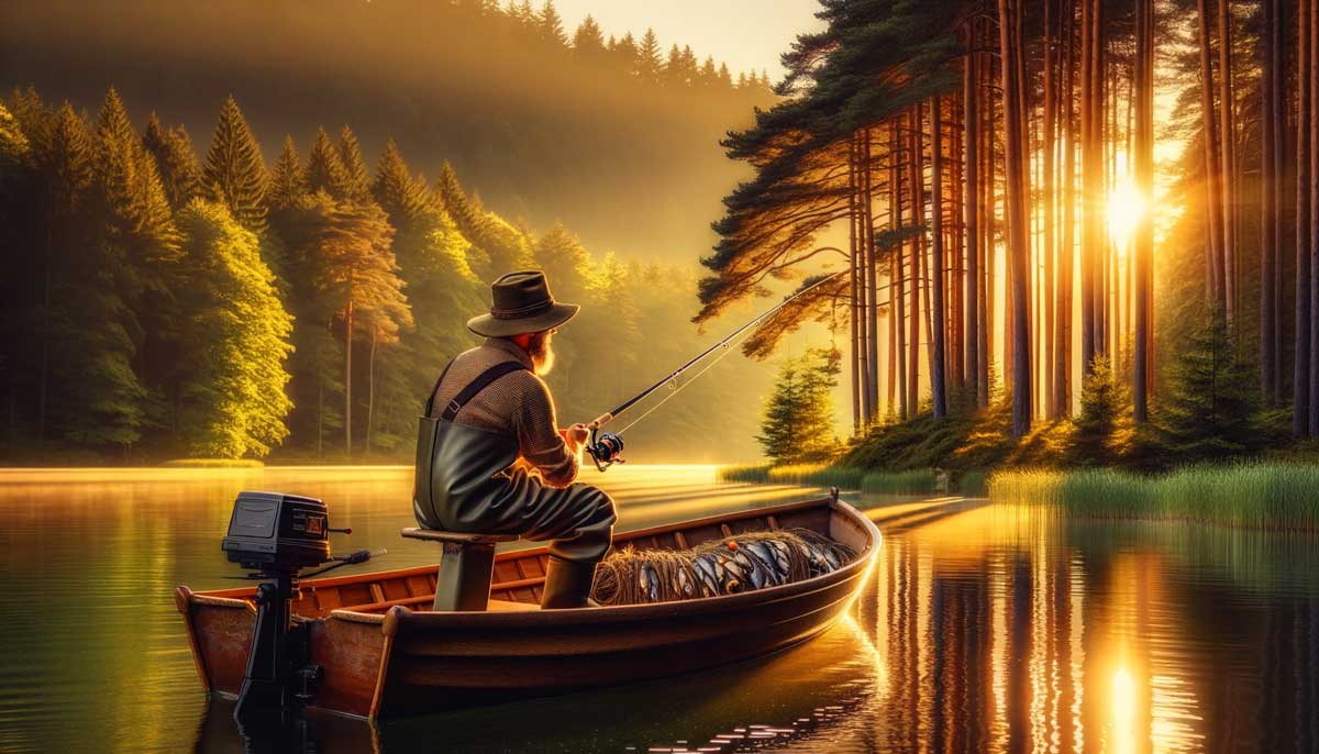 Angler sitzt in seinem Boot mit seiner Angel auf dem See am Waldstück