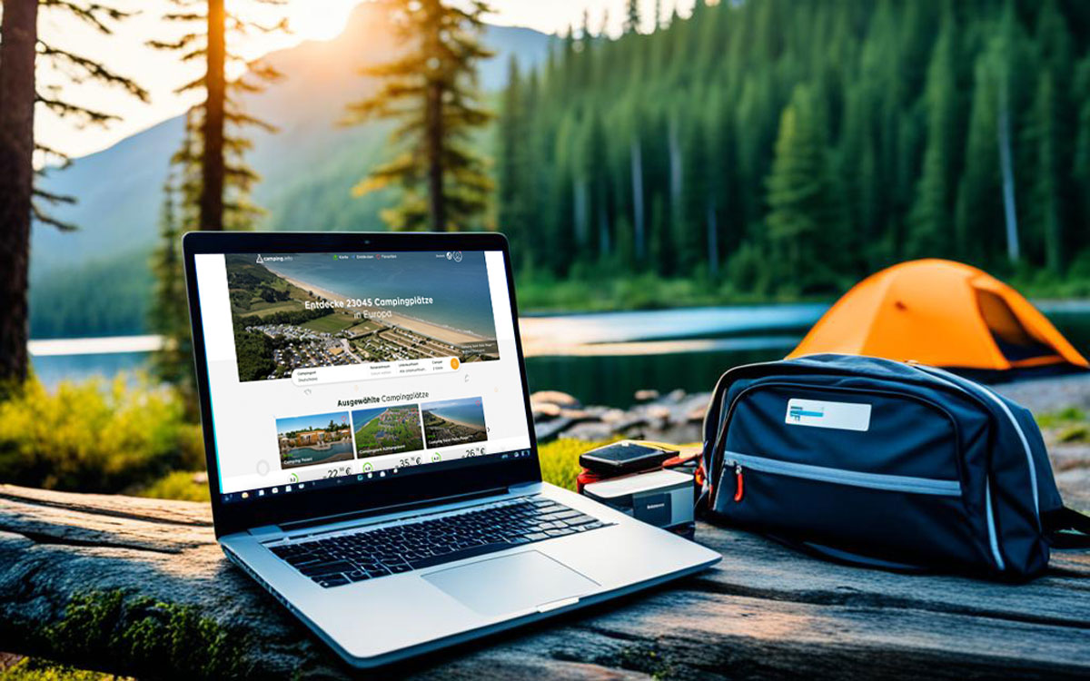 Laptop vor einem See mit einem Online Portal zur Buchung eines Campingplatzes