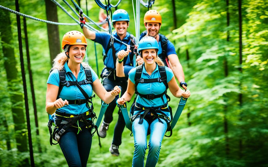 Freunde klettern beim Hochseilgarten