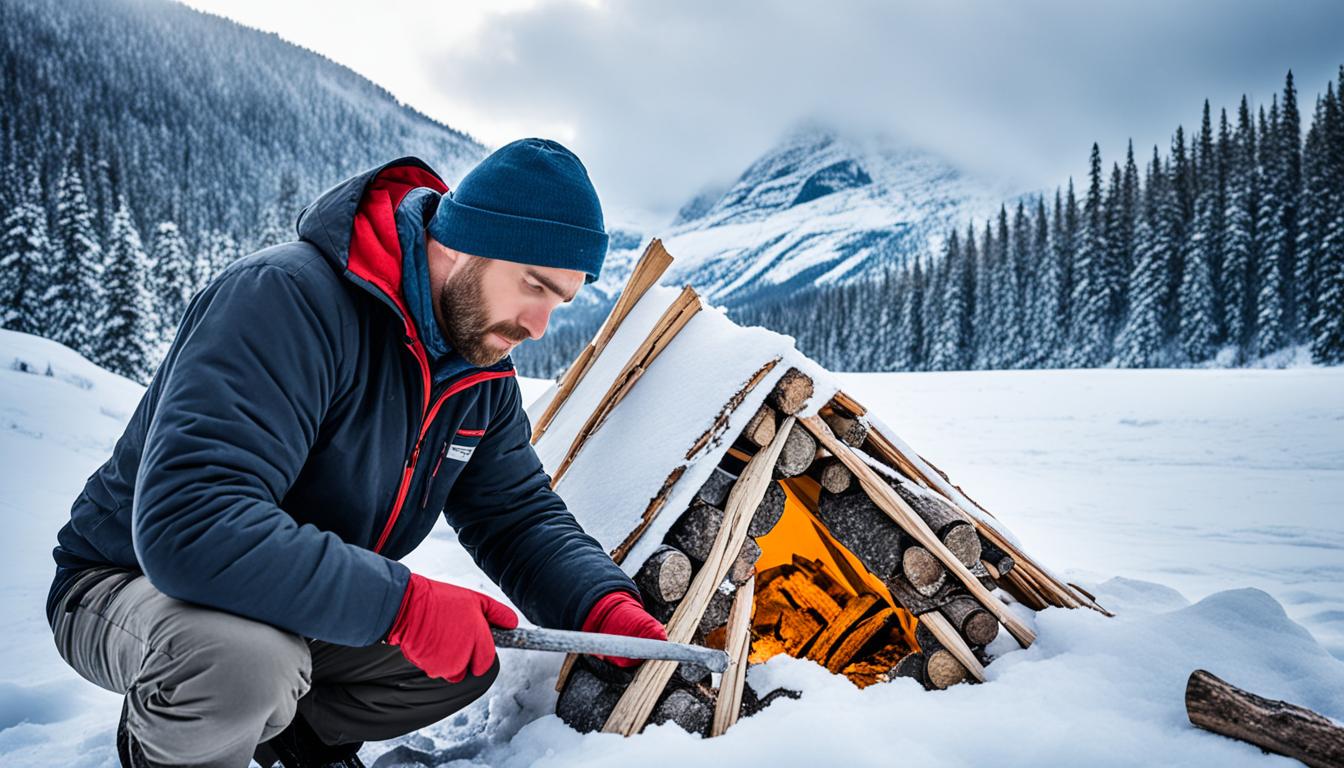 Mann versuch im Schnee ein Feuer zu machen