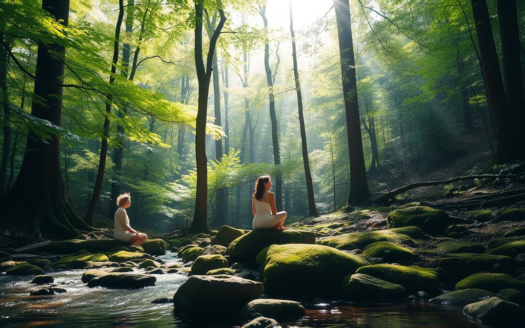 Zwei Frauen sitzen auf dem Waldboden und entspannen beim Waldbaden