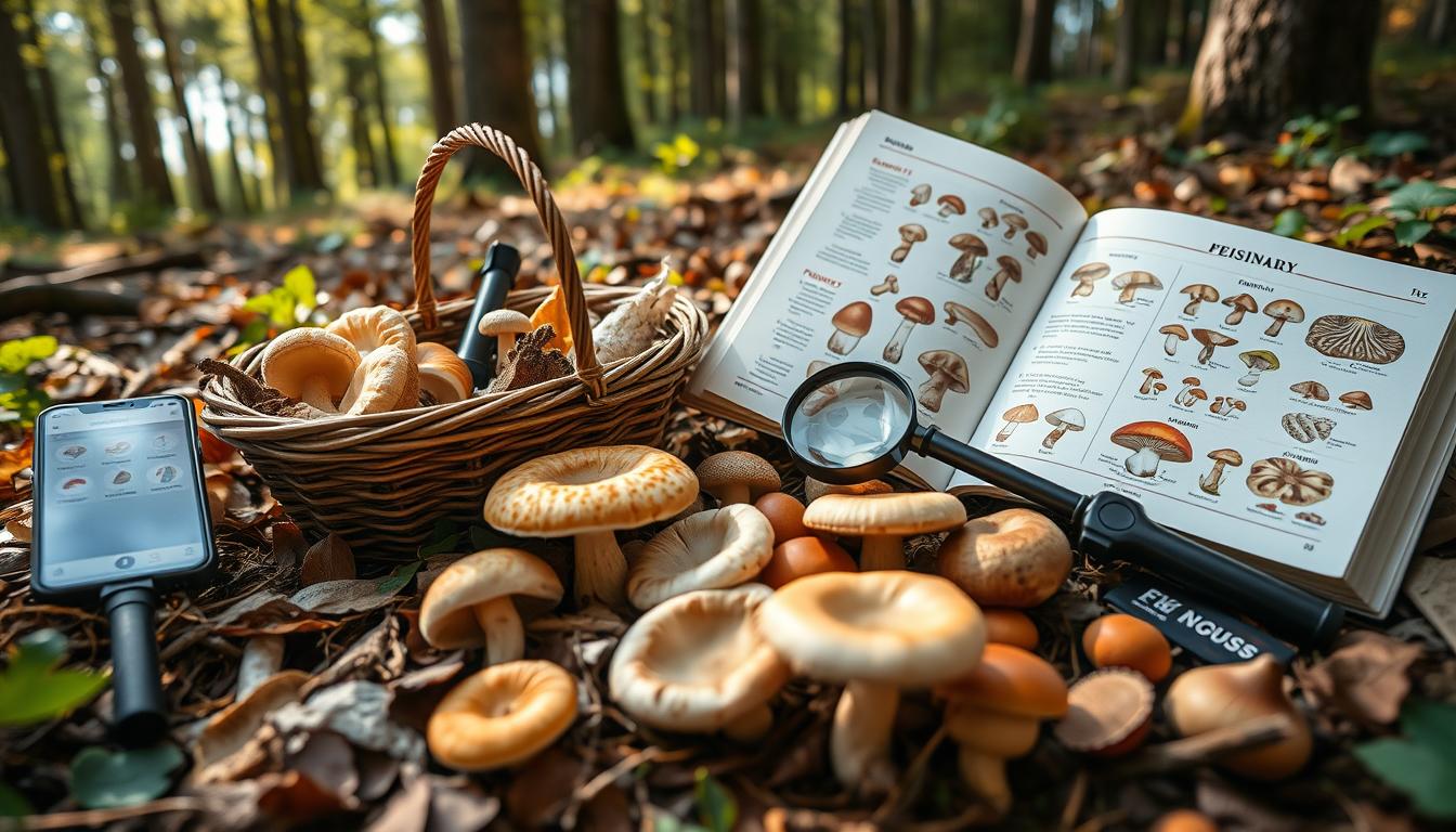 ein Korb mit Pilzen und ein Pilzbuch zur Bestimmung der Pilze