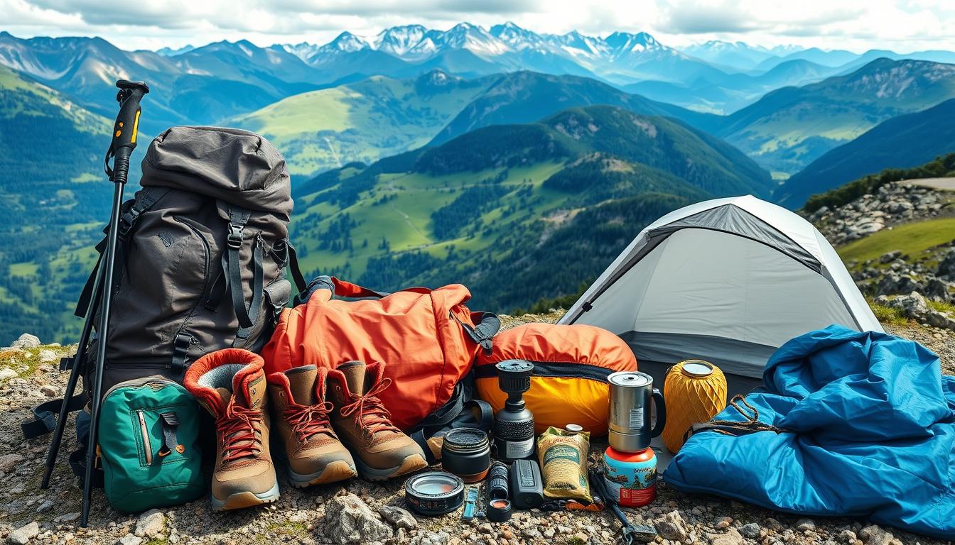 Outdoor Ausrüstung mit Wanderschuhen, Zelt, Rucksack, Jacken und vielem mehr