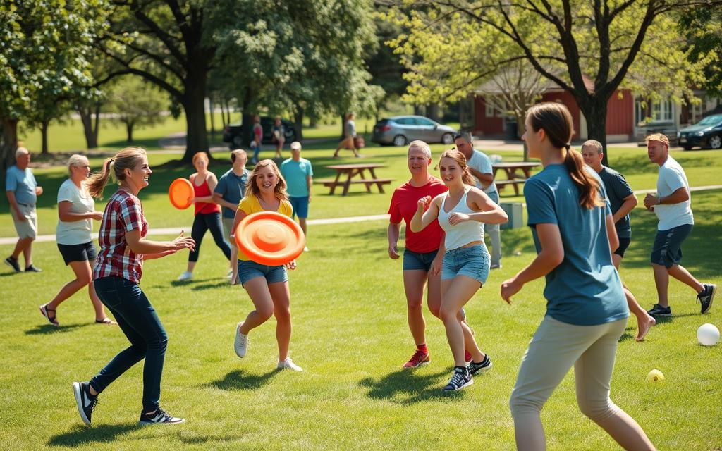 Ewachsene spielen zusammen Frisbee auf einer Wiese