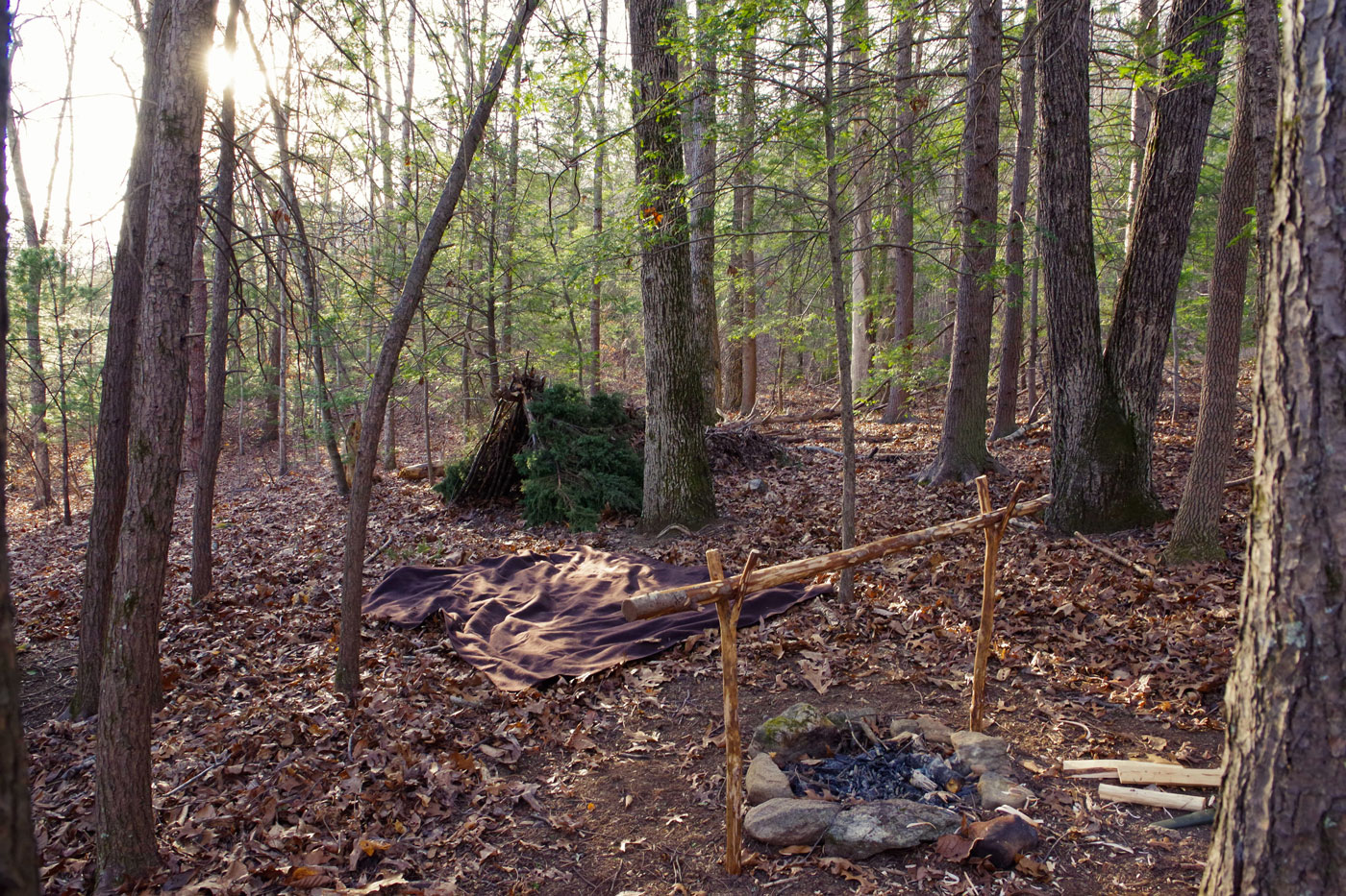 Primitive Bushcraft Überleben Schutt Hütte mit Lagerfeuerplatz außerhalb