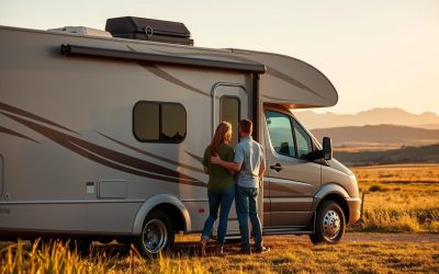 Ein Pärchen steht vor ihrem geliehenen Wohnmobil