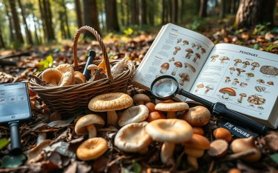 ein Korb mit Pilzen und ein Pilzbuch zur Bestimmung der Pilze