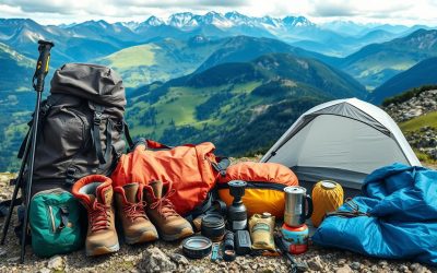 Outdoor Ausrüstung mit Wanderschuhen, Zelt, Rucksack, Jacken und vielem mehr